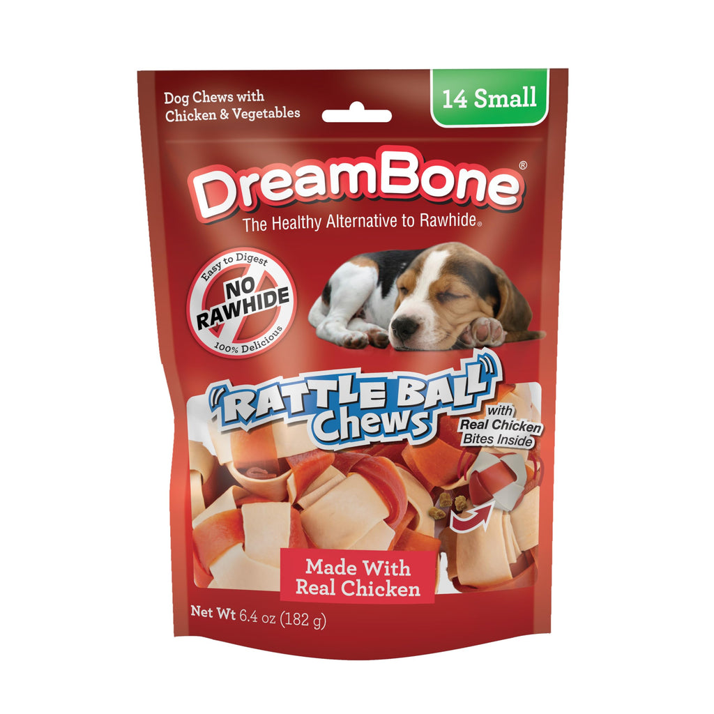 Premium imported DreamBone RattleBall Chew Treats, made with real chicken. Ideal for dogs, available at Curat Cart.