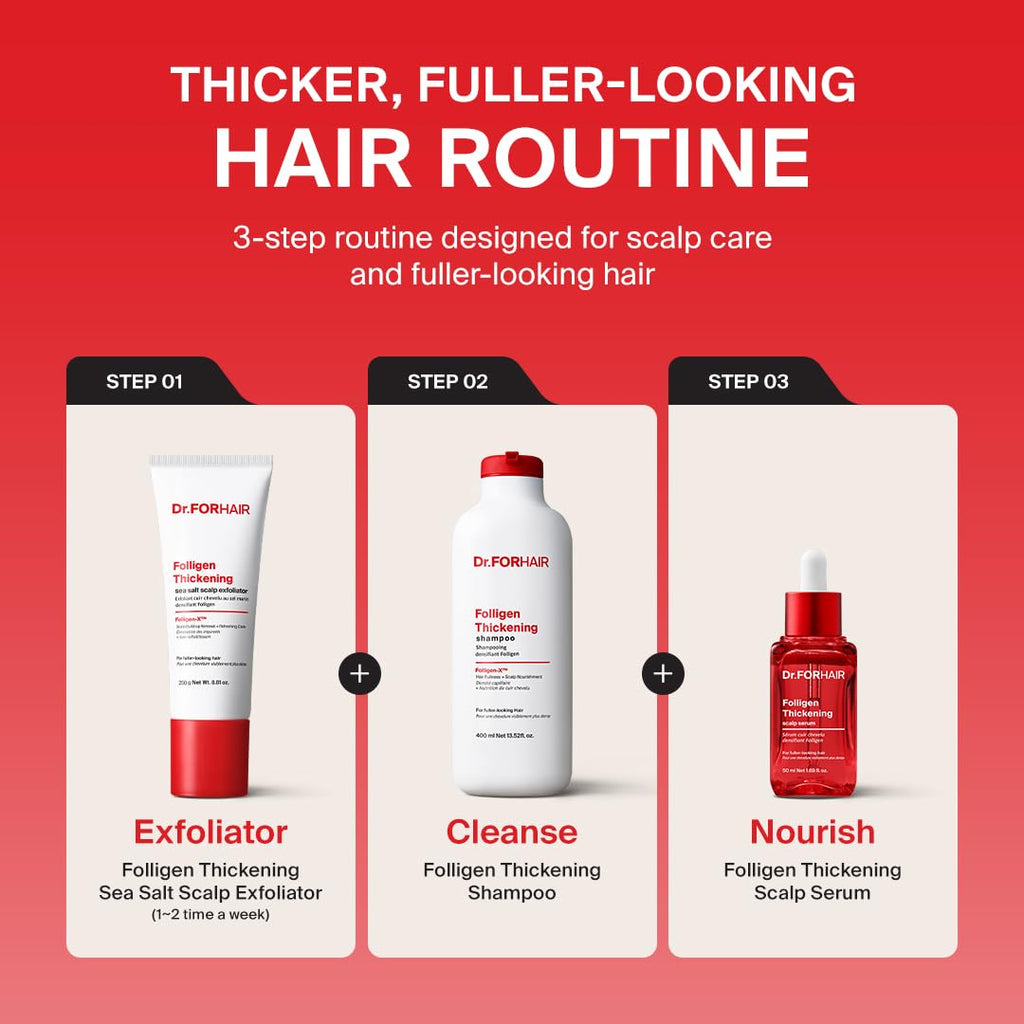 Dr.FORHAIR Folligen Thickening Serum featured in a premium hair care routine from Curat Cart, showcasing quality packaging for fuller-looking hair.