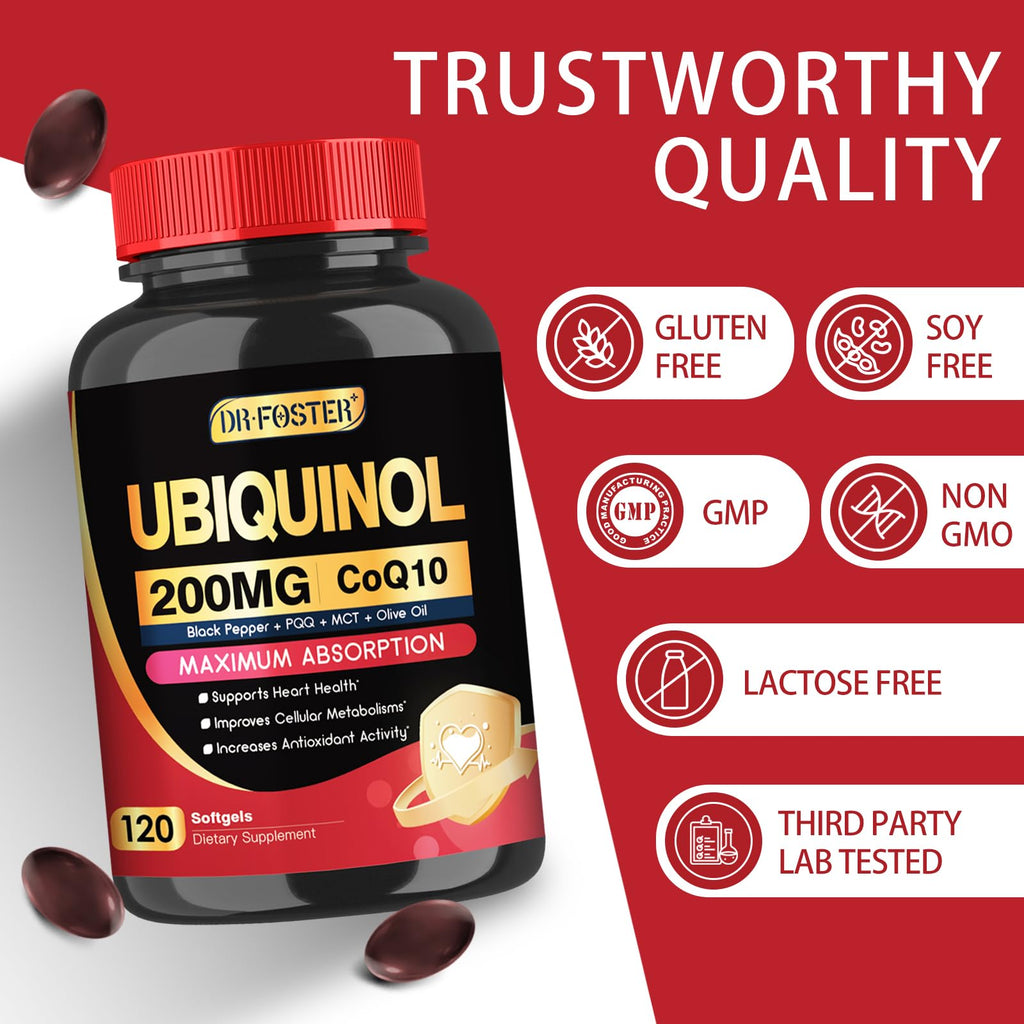 DRFOSTER Ubiquinol CoQ10 200mg in official packaging, promoting heart health and maximum absorption. Available at Curat Cart.