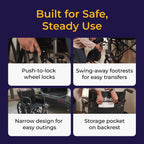 Drive Medical Silver Sport Folding Wheelchair showcases push-to-lock wheel locks, swing-away footrests, and a narrow design. Available at Curat Cart.