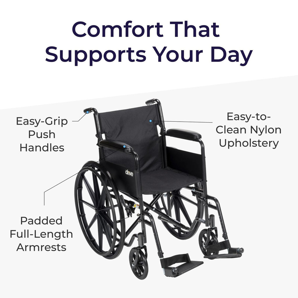 Discover the Drive Medical Silver Sport Folding Wheelchair, specially curated by Curat Cart for ultimate comfort and support.