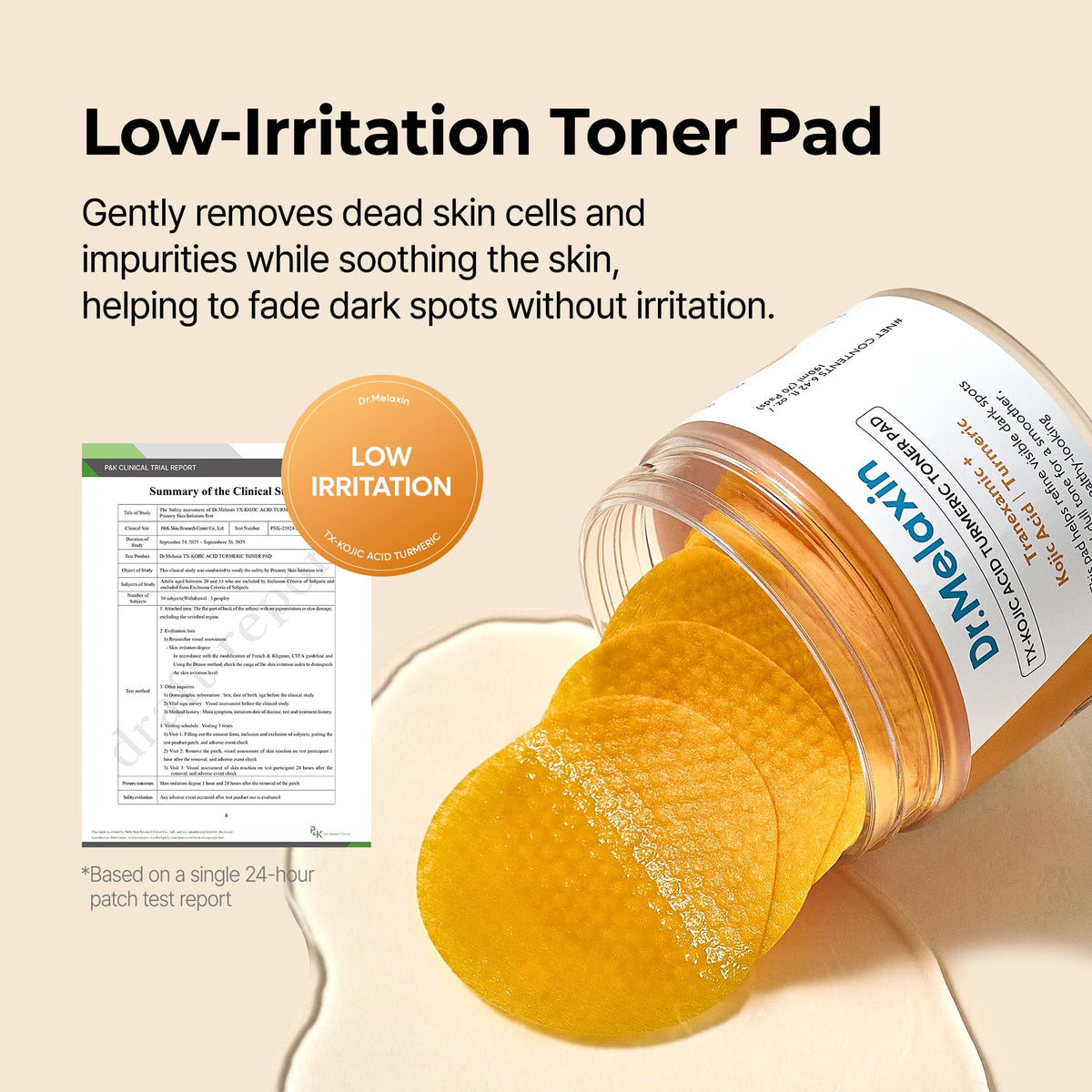 Authentic Dr.Melaxin TX Kojic Acid Turmeric Toner Pads gently exfoliate and soothe skin, fading dark spots without irritation.