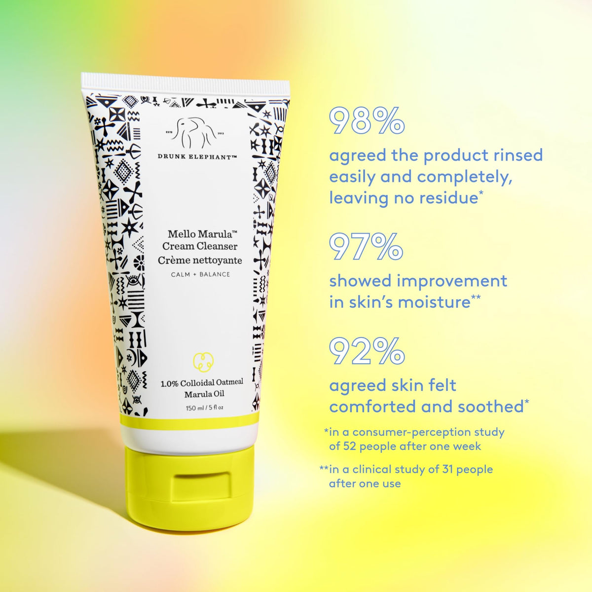 Drunk Elephant Mello Marula Cleanser, 150ml, provides gentle cleansing. Verified by CuratCart for quality assurance.