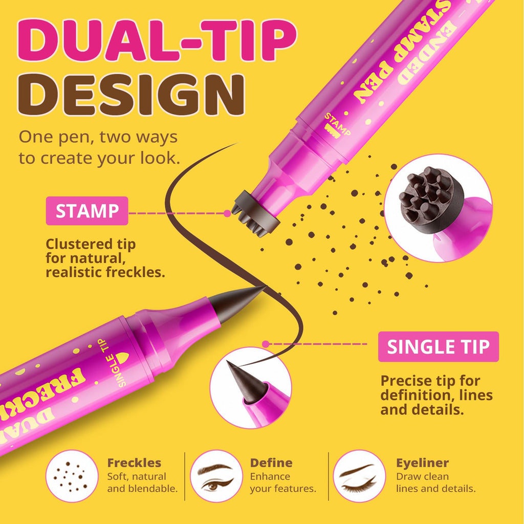 A dual-ended freckle stamp pen with a clustered tip for realistic freckles and a precise tip for defining features. Verified by CuratCart.