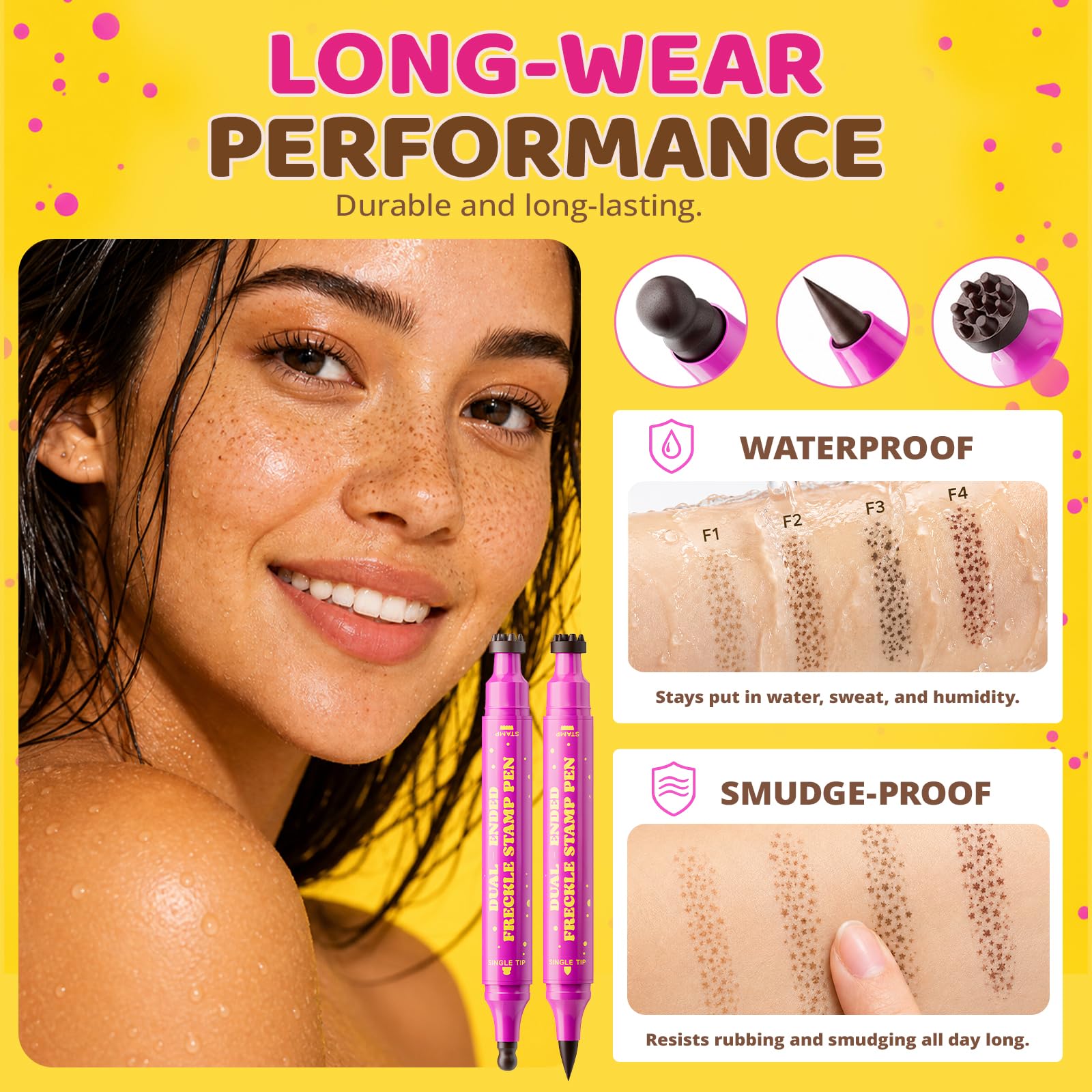 Authentic dual-ended freckle stamp pen, designed for realistic freckles. Smudge-proof & waterproof, perfect for all-day wear.