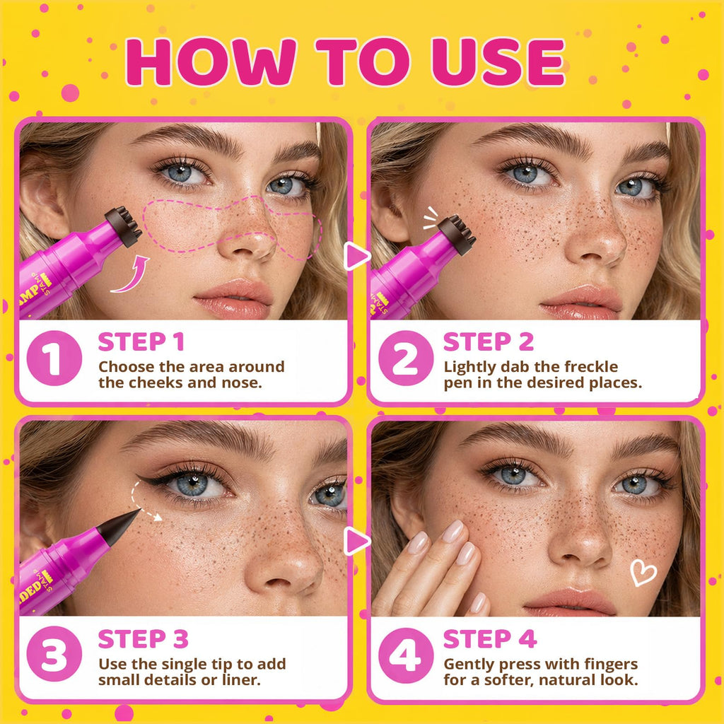 Premium imported dual-ended freckle stamp pen allows for natural freckle application. Ideal for cheeks and nose.