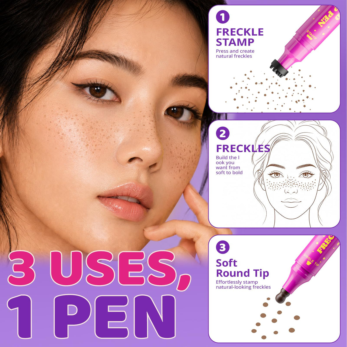 Authentic Dual-Ended Freckle Stamp Pen for creating natural-looking freckles effortlessly, featuring 3 uses in one product.