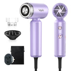 Mini dual voltage travel hair dryer in lavender with diffuser and accessories, perfect for global styling needs.