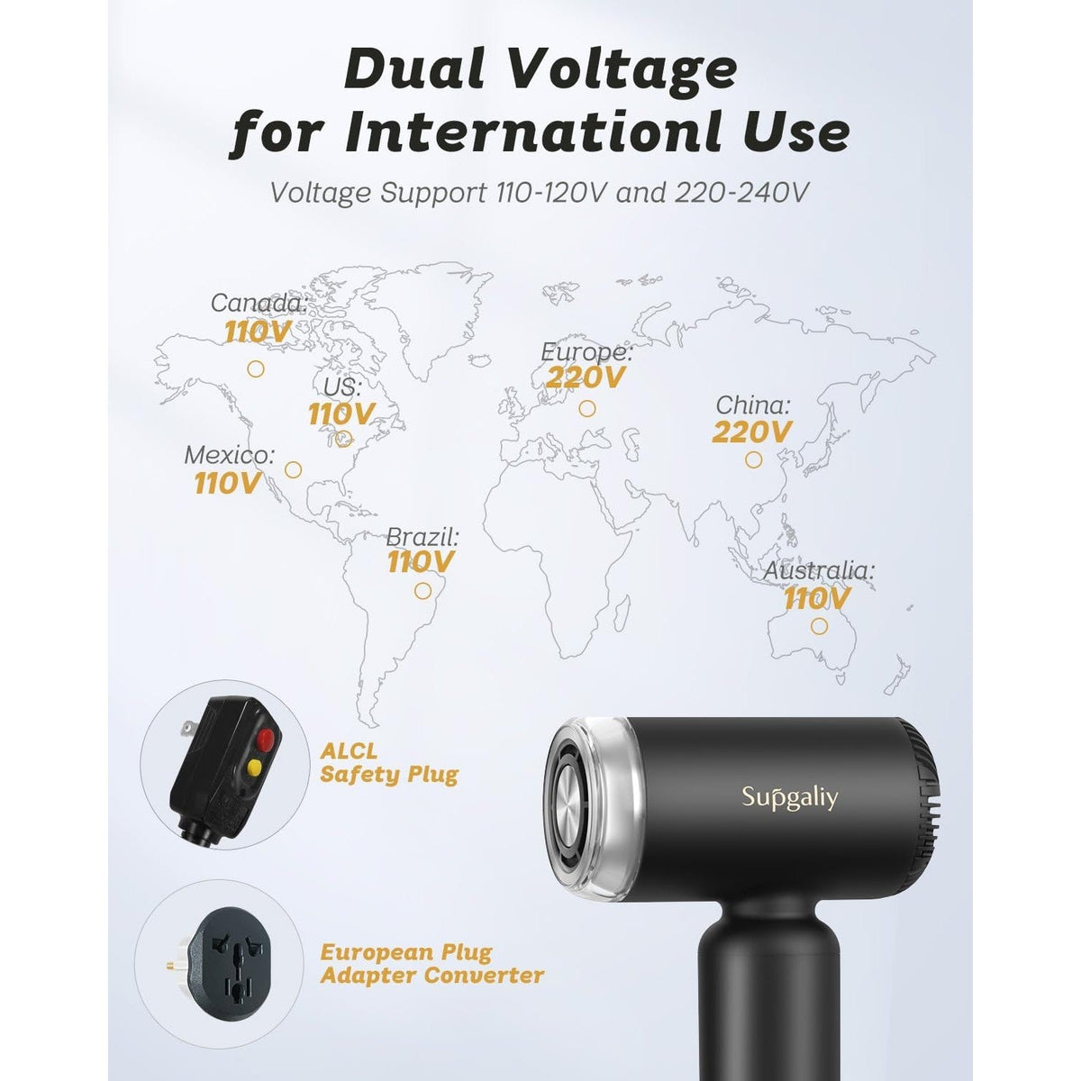 Compact dual voltage travel hair dryer with global plug adapters, ideal for international use, imported quality.