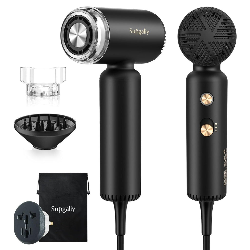Compact dual voltage travel hair dryer in sleek black, includes diffuser, attachments, and travel pouch for easy portability.