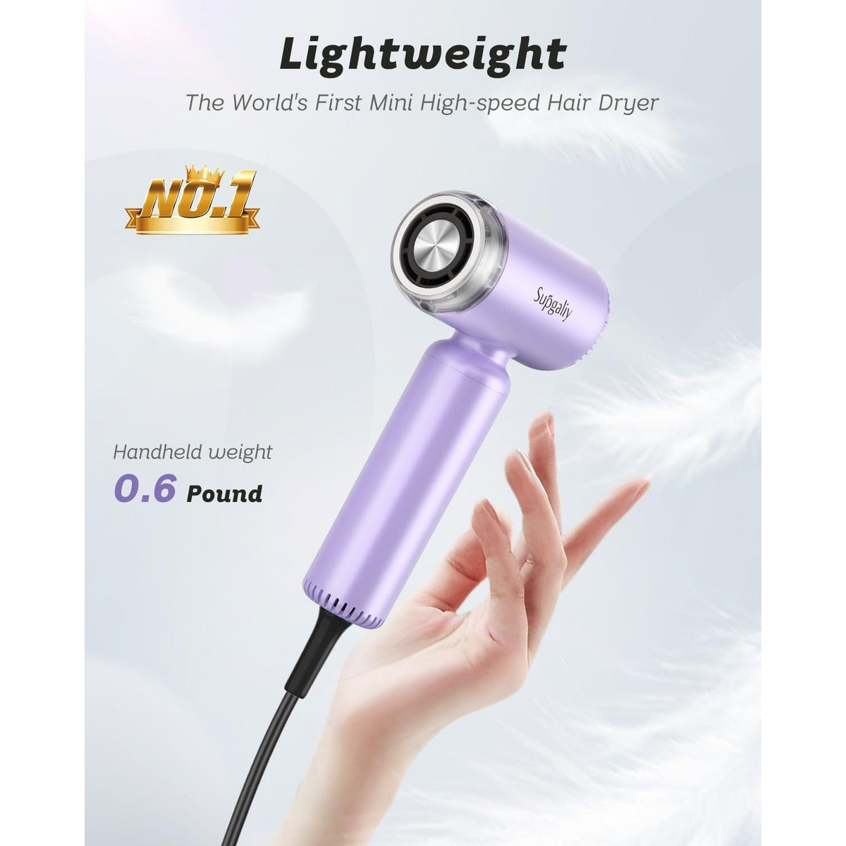 Authentic lightweight mini high-speed hair dryer, dual voltage, 0.6 lbs, perfect for travel. Stylish and efficient design.