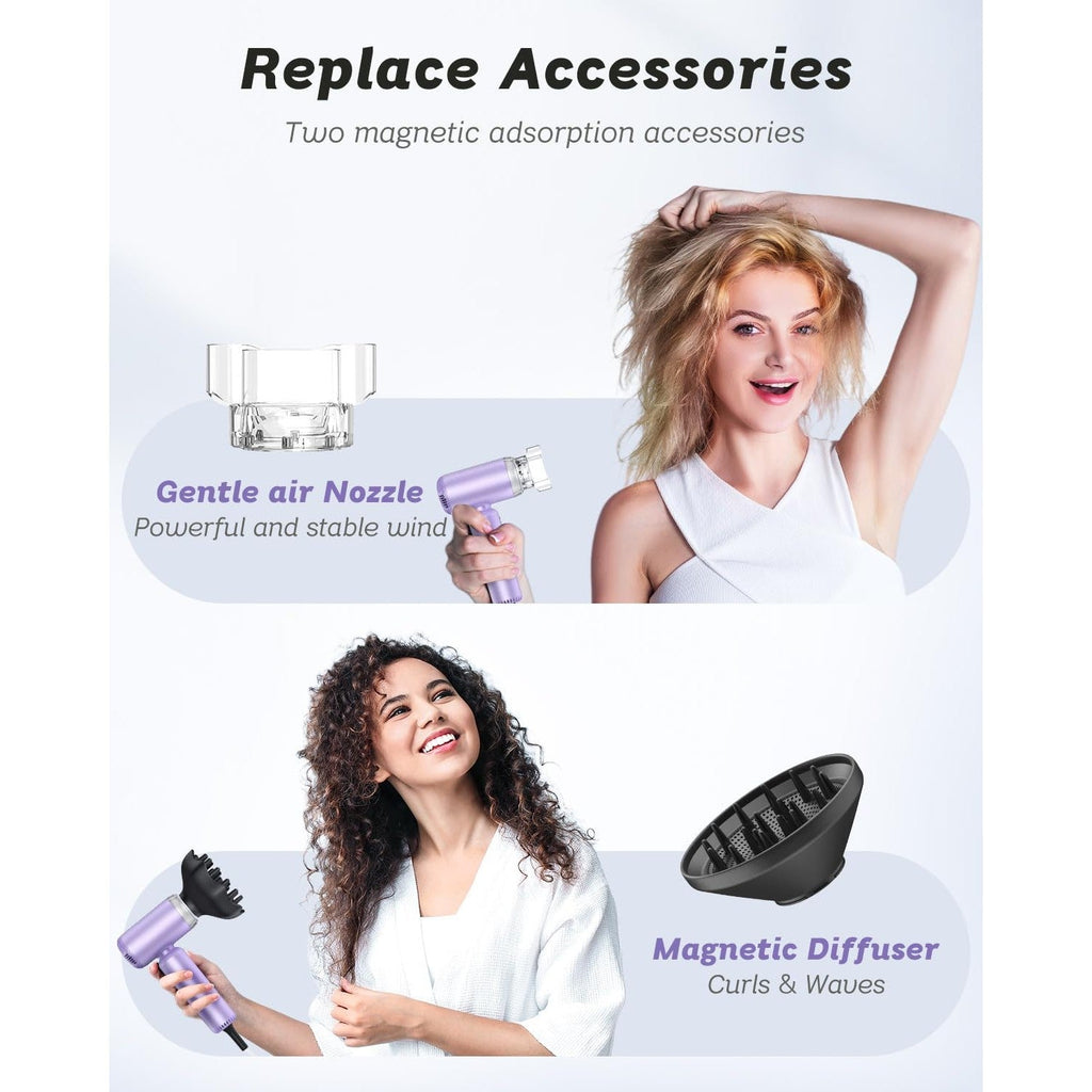 Compact dual voltage travel hair dryer with magnetic nozzle and diffuser, perfect for styling on-the-go.