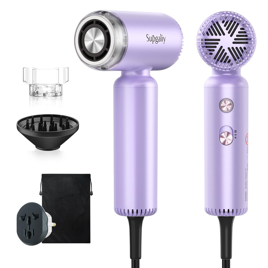 Compact purple dual voltage travel hair dryer with diffuser, attachments, and carrying pouch. Verified by CuratCart for quality.