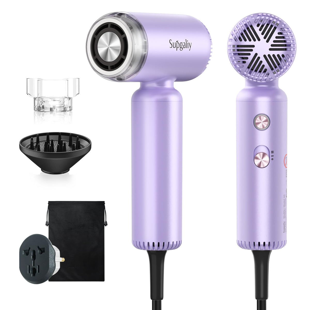 Compact purple dual voltage travel hair dryer with diffuser, attachments, and carrying pouch. Verified by CuratCart for quality.
