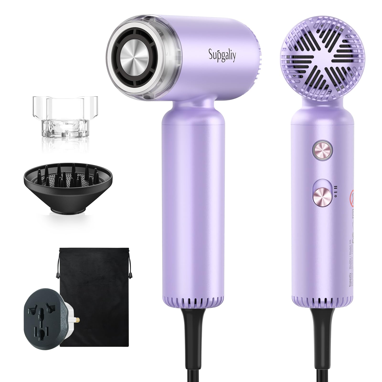 Compact dual voltage travel hair dryer in lavender, featuring multiple attachments for styling and convenience.