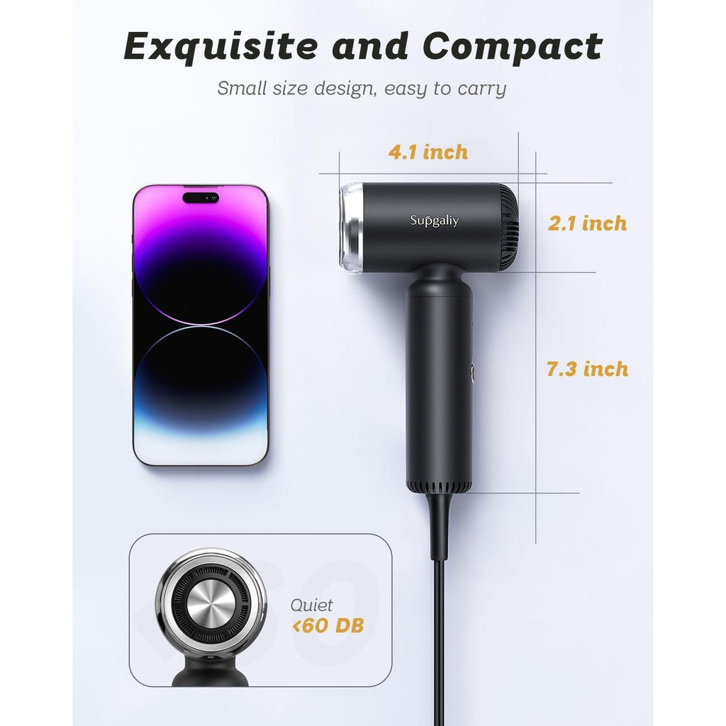Portable mini hair dryer with dual voltage. Compact design, 4.1 x 2.1 x 7.3 inches, operates quietly under 60 dB.