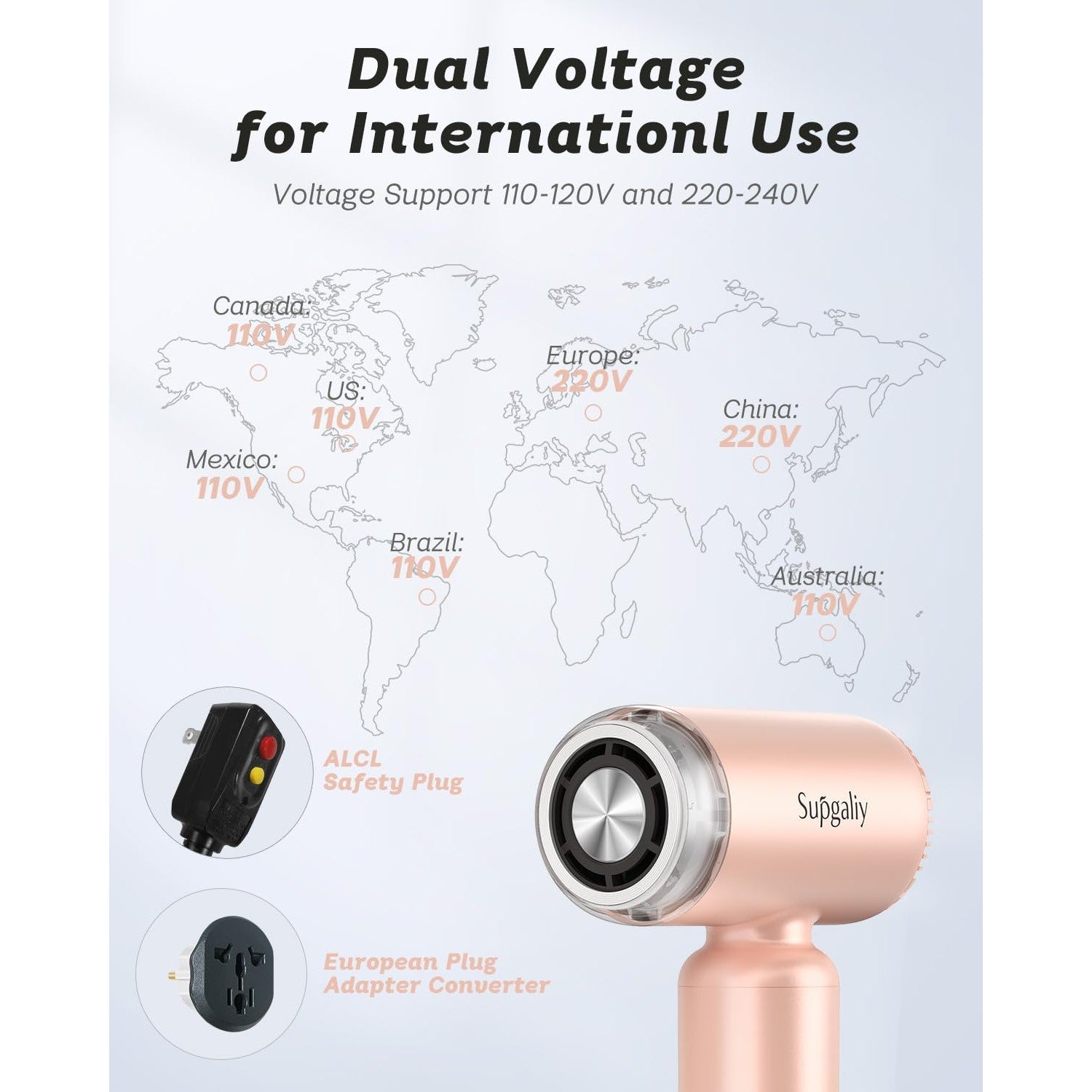Dual voltage travel hair dryer for international use. Available for order online, suitable across various countries.