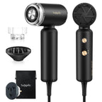 Compact dual voltage travel hair dryer in sleek black design, includes styling nozzle and travel pouch. Global favorite.