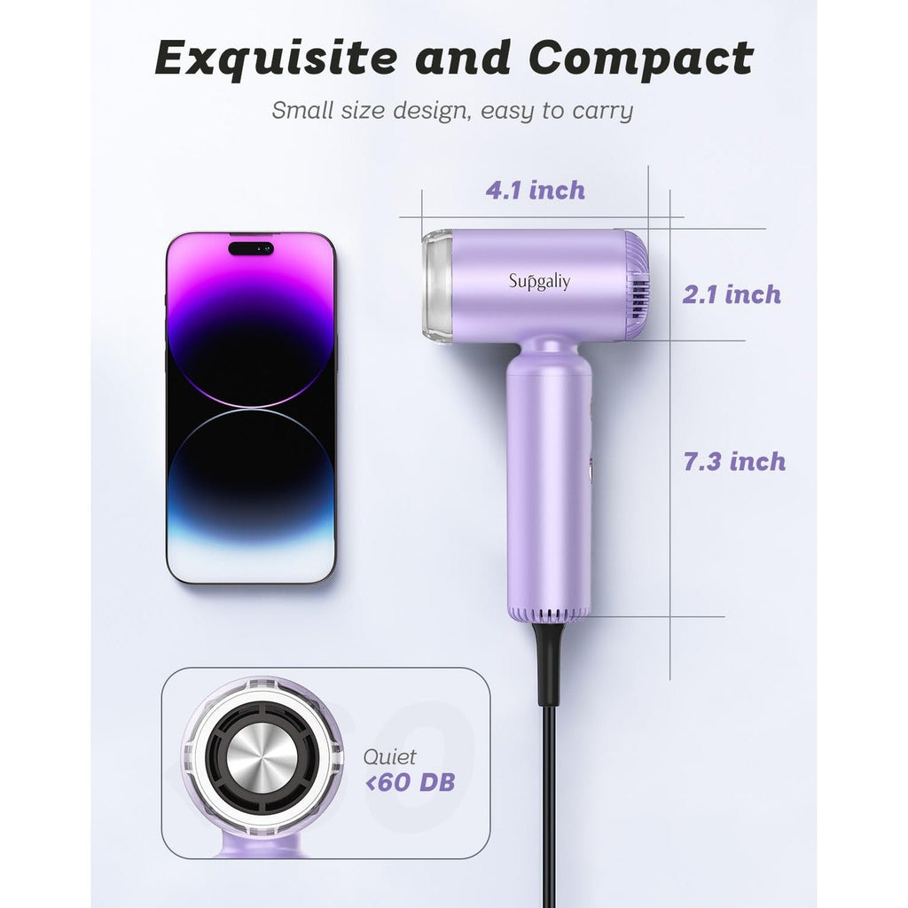 Small, portable hair dryer with dual voltage and quiet operation. Measures 4.1x2.1x7.3 inches, perfect for travel.