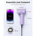 Small, portable hair dryer with dual voltage and quiet operation. Measures 4.1x2.1x7.3 inches, perfect for travel.