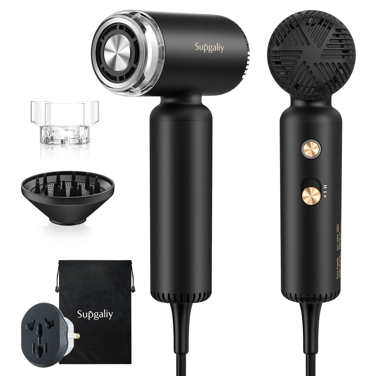 Sleek black mini hair dryer with dual voltage, accessories, and stylish design for effortless travel styling.