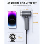 Compact dual voltage hair dryer with quiet operation, ideal for travel. Premium quality, easily fits in luggage.