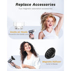Mini dual voltage travel hair dryer with gentle nozzle and magnetic diffuser for stable air and styled curls.