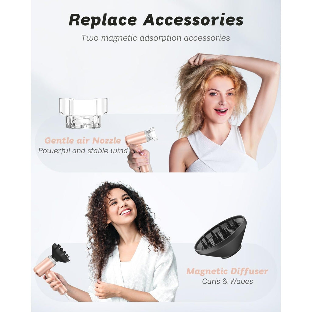 Compact mini hair dryer with magnetic accessories for gentle airflow, curls, and waves. Perfect for travel. 100% genuine.