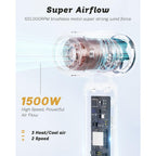 Premium imported mini hair dryer with 1500W, 2 speeds, and super strong airflow for efficient styling on the go.