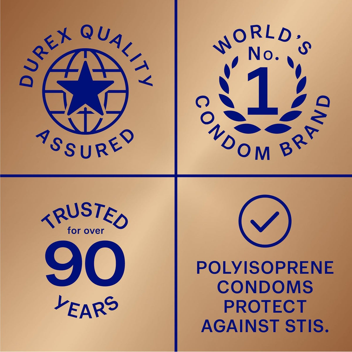 Durex Real Feel condoms packaging highlights quality assurance, trust for over 90 years, and STIs protection.