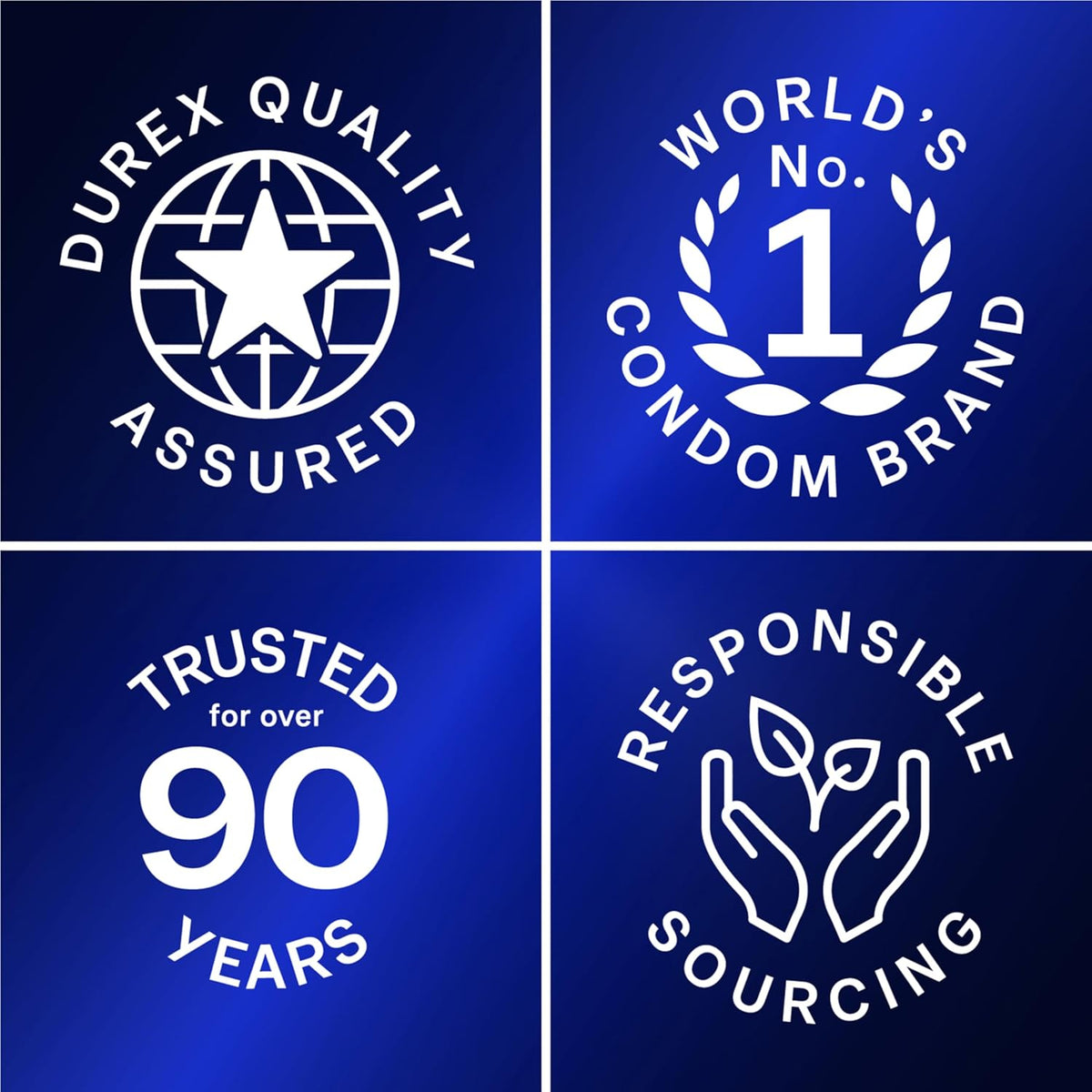 Durex Performax Intense Condom features quality assurance, trusted for over 90 years, and responsible sourcing symbols.