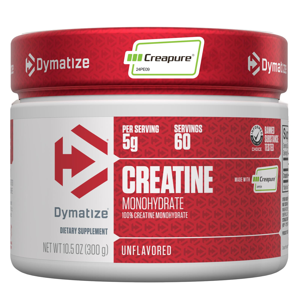 Authentic Dymatize Creatine Monohydrate Powder, unflavored, 100% genuine, 60 servings, 5g per serving.