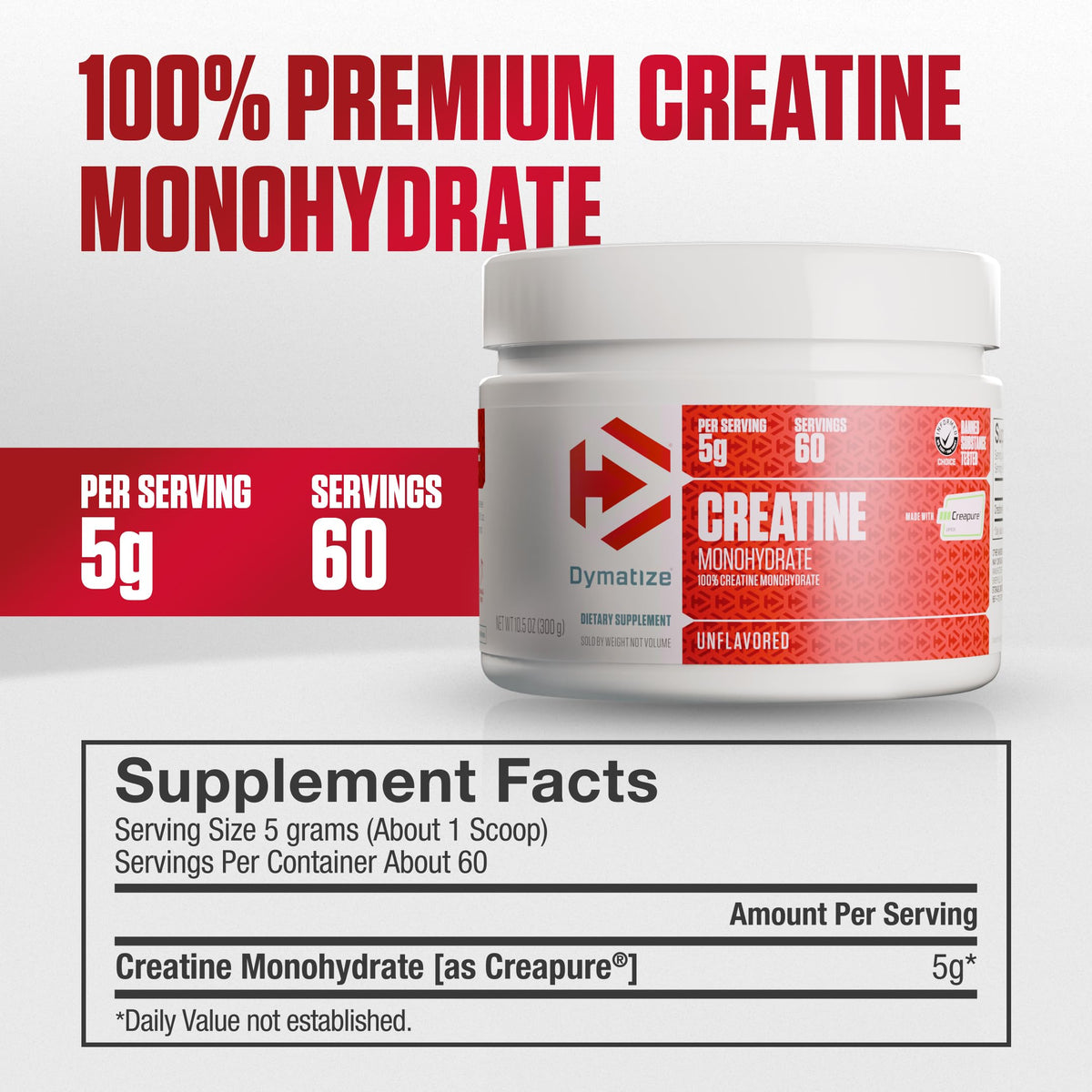 Original Dymatize Creatine Monohydrate Powder with 100% premium quality, unflavored, 60 servings per container.