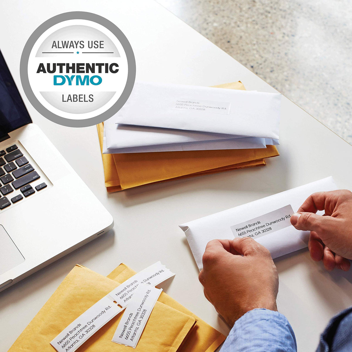 Efficiently labeling envelopes with DYMO LabelWriter 450 Twin Turbo, showcasing high-quality finish. Available at Curat Cart.