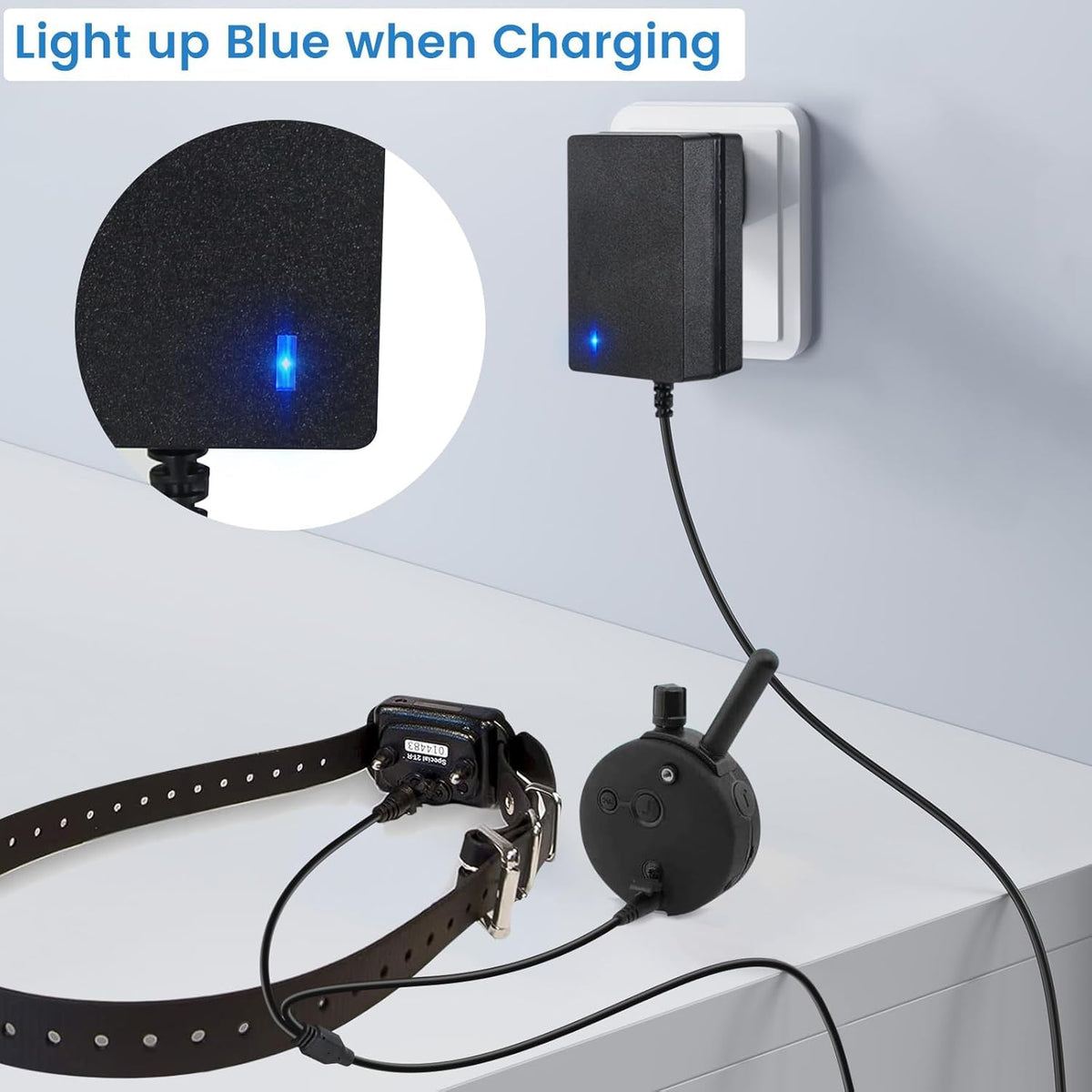 E Collar Charger for Mini Educator, specially curated by Curat Cart, featuring blue light indicator when charging.