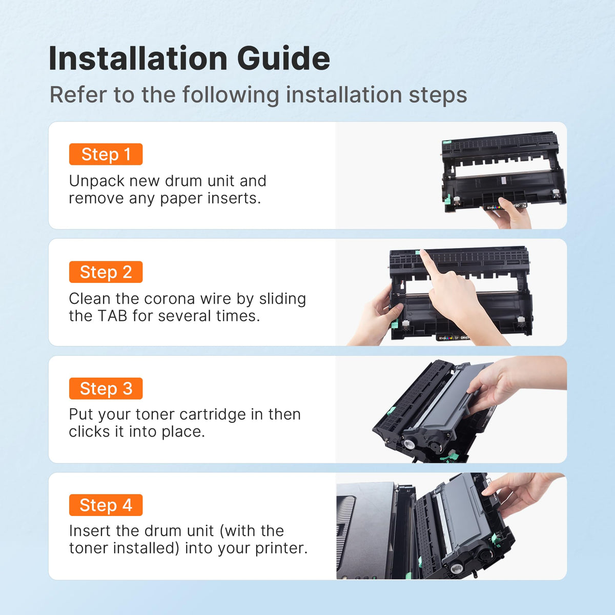 Brother DR630 Drum Unit installation guide, showcasing steps for easy setup. 100% Authentic, available at Curat Cart.
