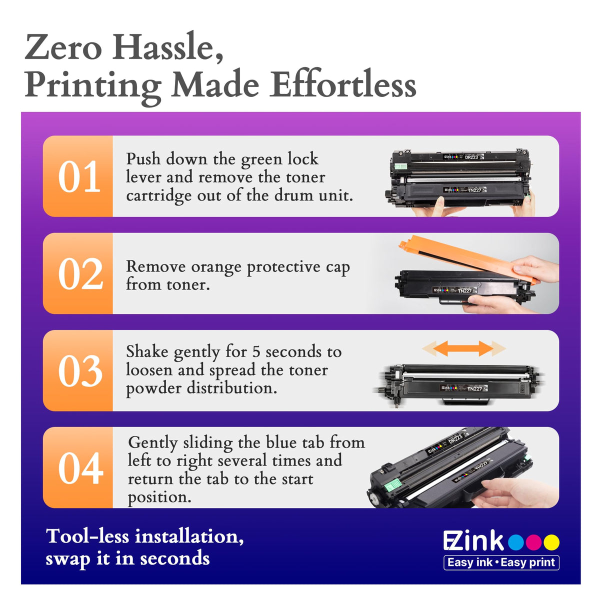 Brother TN 227 High Yield Ink installation guide with clear steps. Official packaging from Curat Cart for effortless printing.