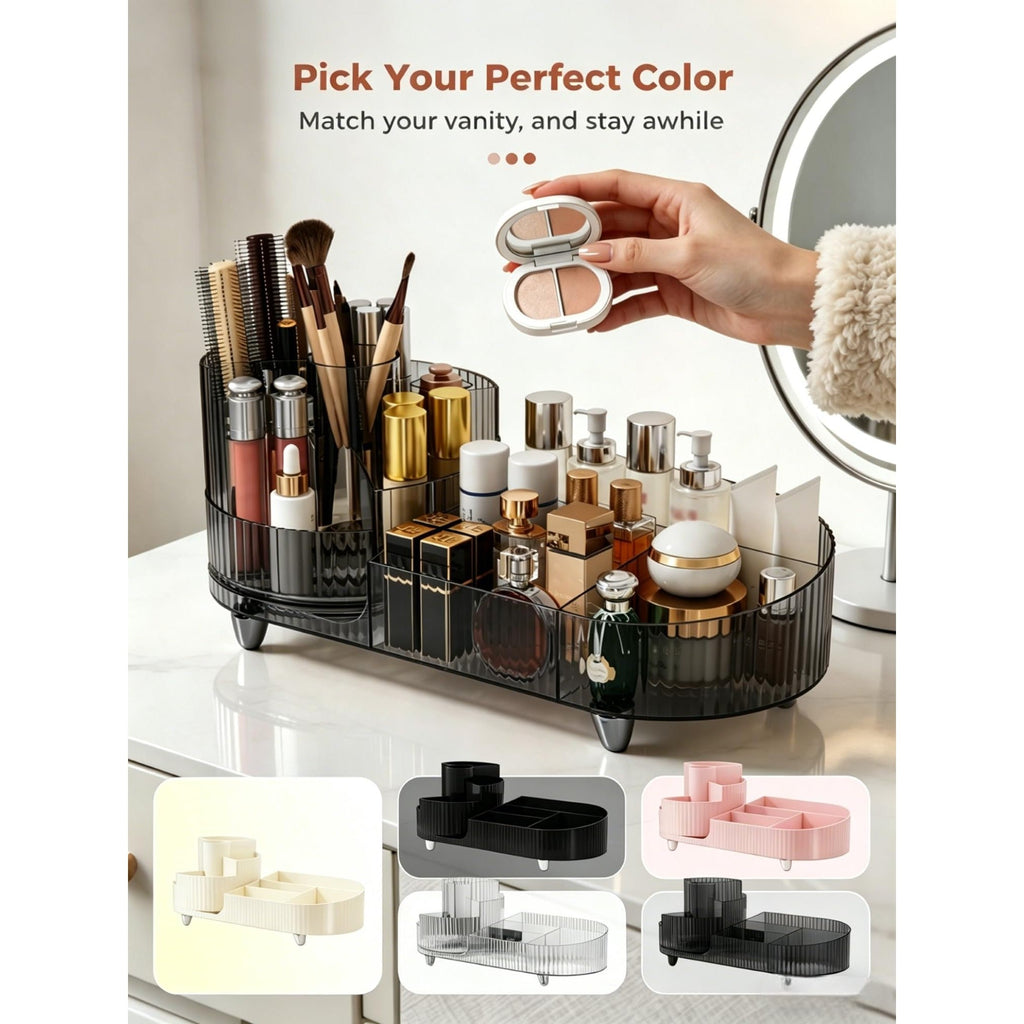 The Booklov rotating makeup organizer features a sleek design with multiple compartments, available in various colors for your vanity.