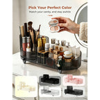The Booklov rotating makeup organizer features a sleek design with multiple compartments, available in various colors for your vanity.