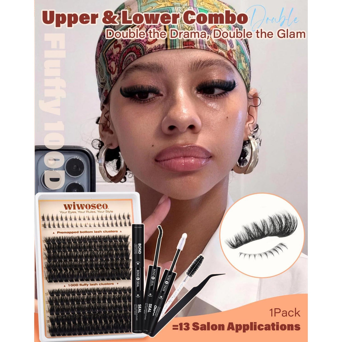 Fluffy 100D thick eyelash clusters kit with tools for upper and lower lashes, suitable for 13 salon applications. Order online now!