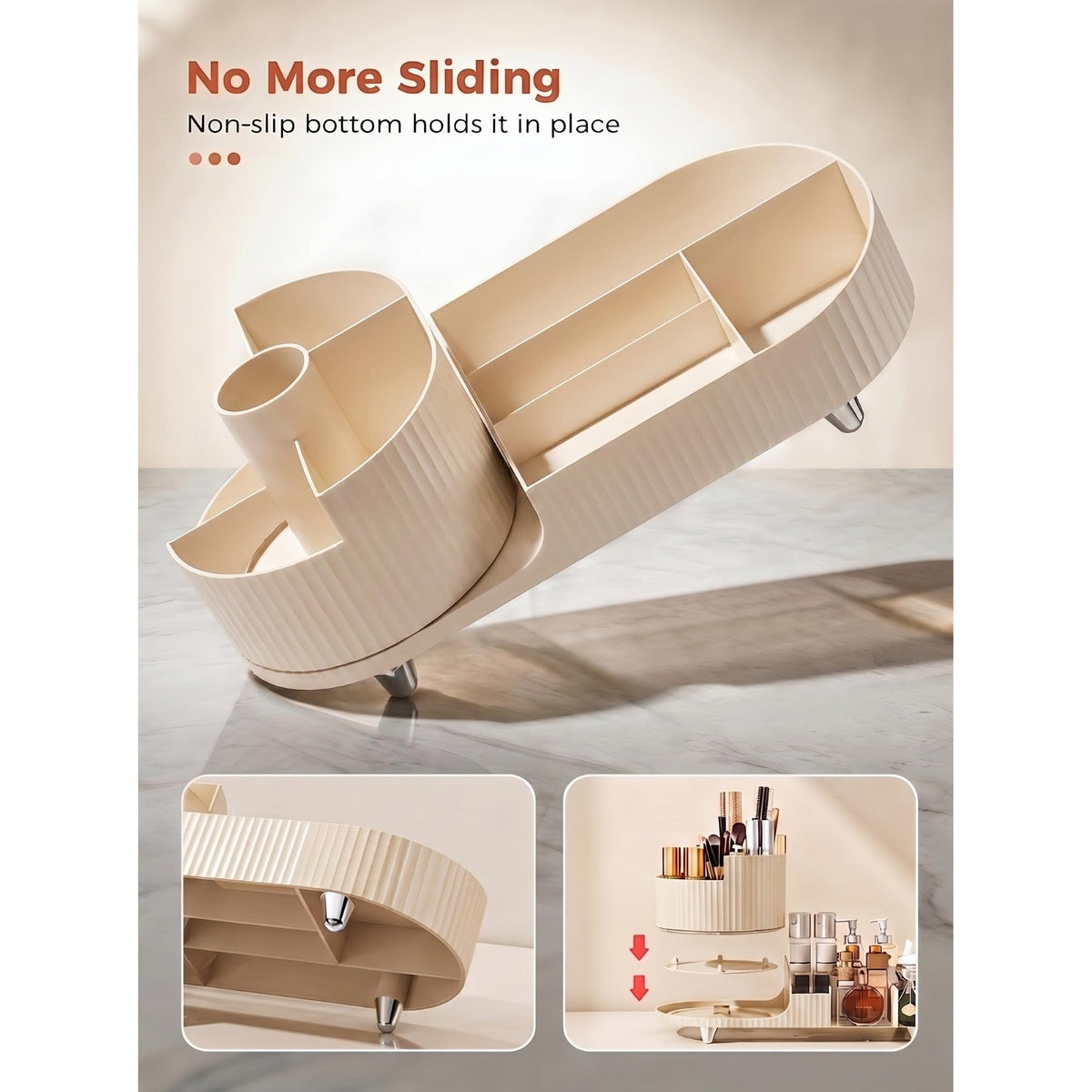 Experience ultimate organization with the Booklov Rotating Makeup Organizer, featuring a non-slip base to prevent sliding.