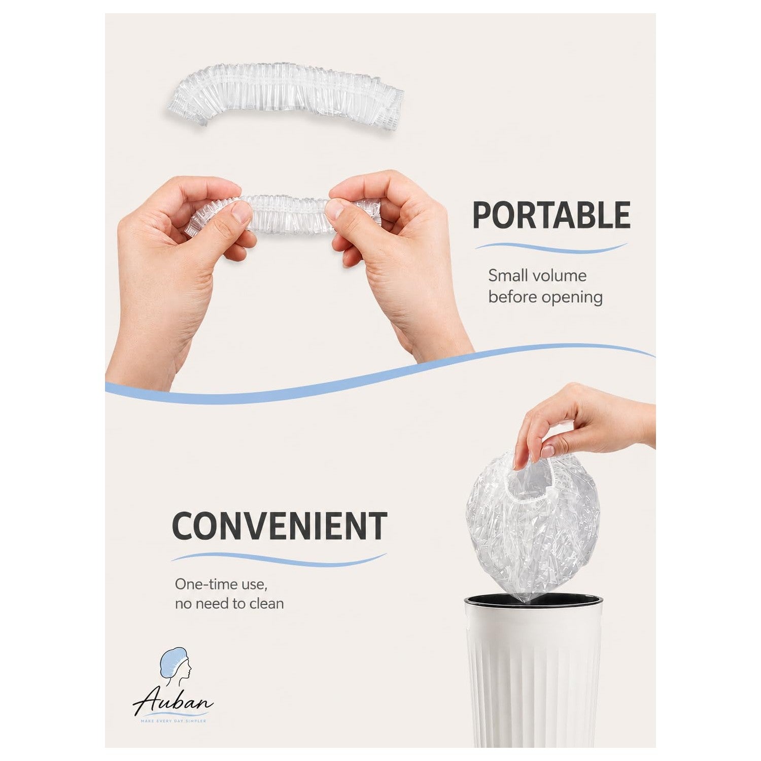 Auban 50 PCS Shower Cap Disposable,Bath Caps Larger Thick Clear Waterproof Plastic Elastic Hair Bath Caps For Women Hotel Travel Essentials Accessories Deep Conditioning Hair Care(19.3")