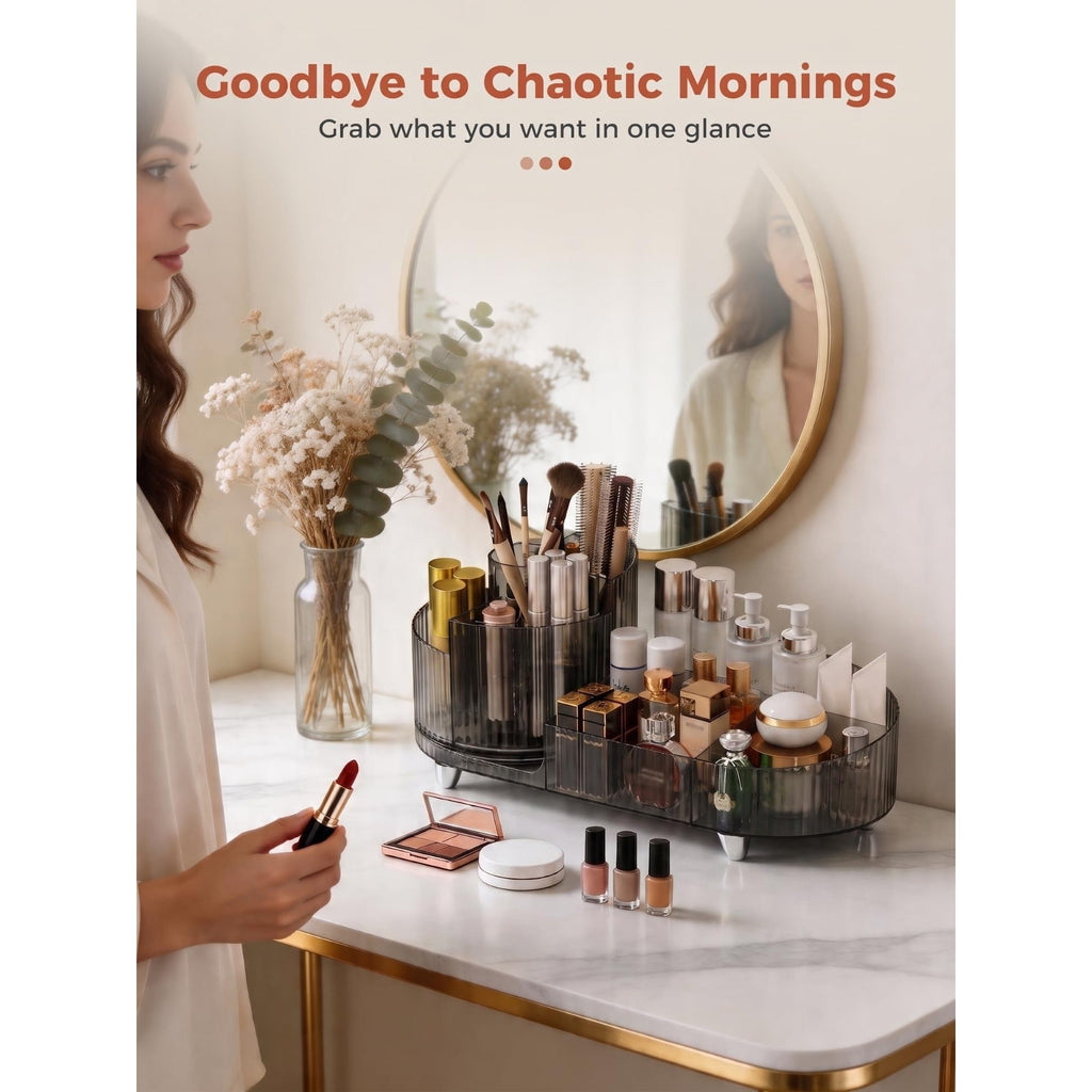 This authentic Booklov rotating organizer holds makeup securely, ensuring quick access and a tidy vanity setup.