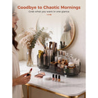 This authentic Booklov rotating organizer holds makeup securely, ensuring quick access and a tidy vanity setup.