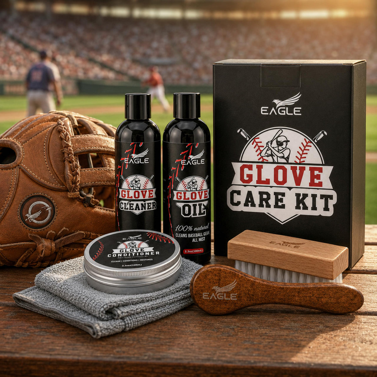 Eagle Baseball Glove Care Kit includes cleaner, oil, conditioner, and brush. 100% Authentic, available at Curat Cart in India.