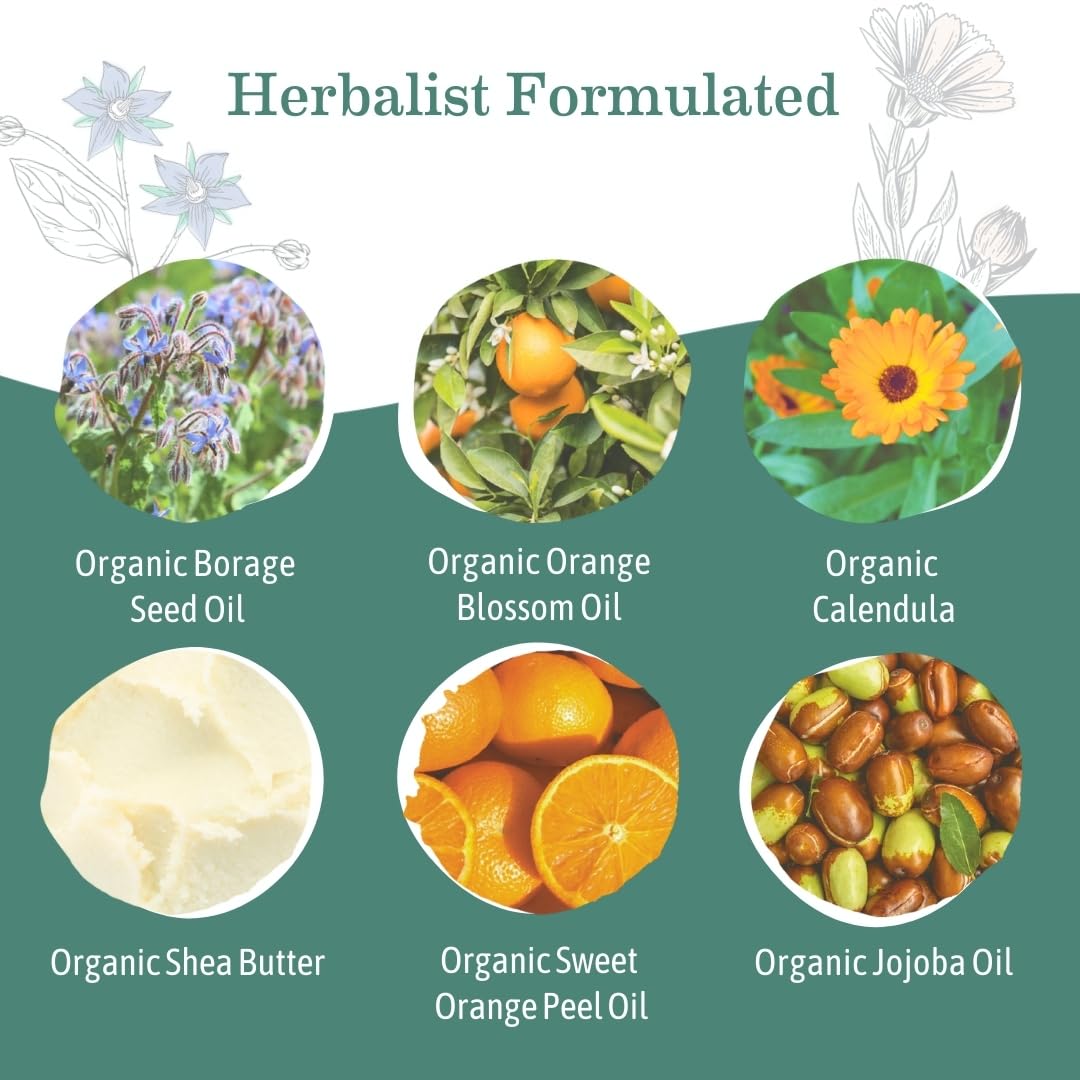 Premium belly butter featuring organic oils, including borage, shea, and jojoba, designed for skin hydration and comfort.
