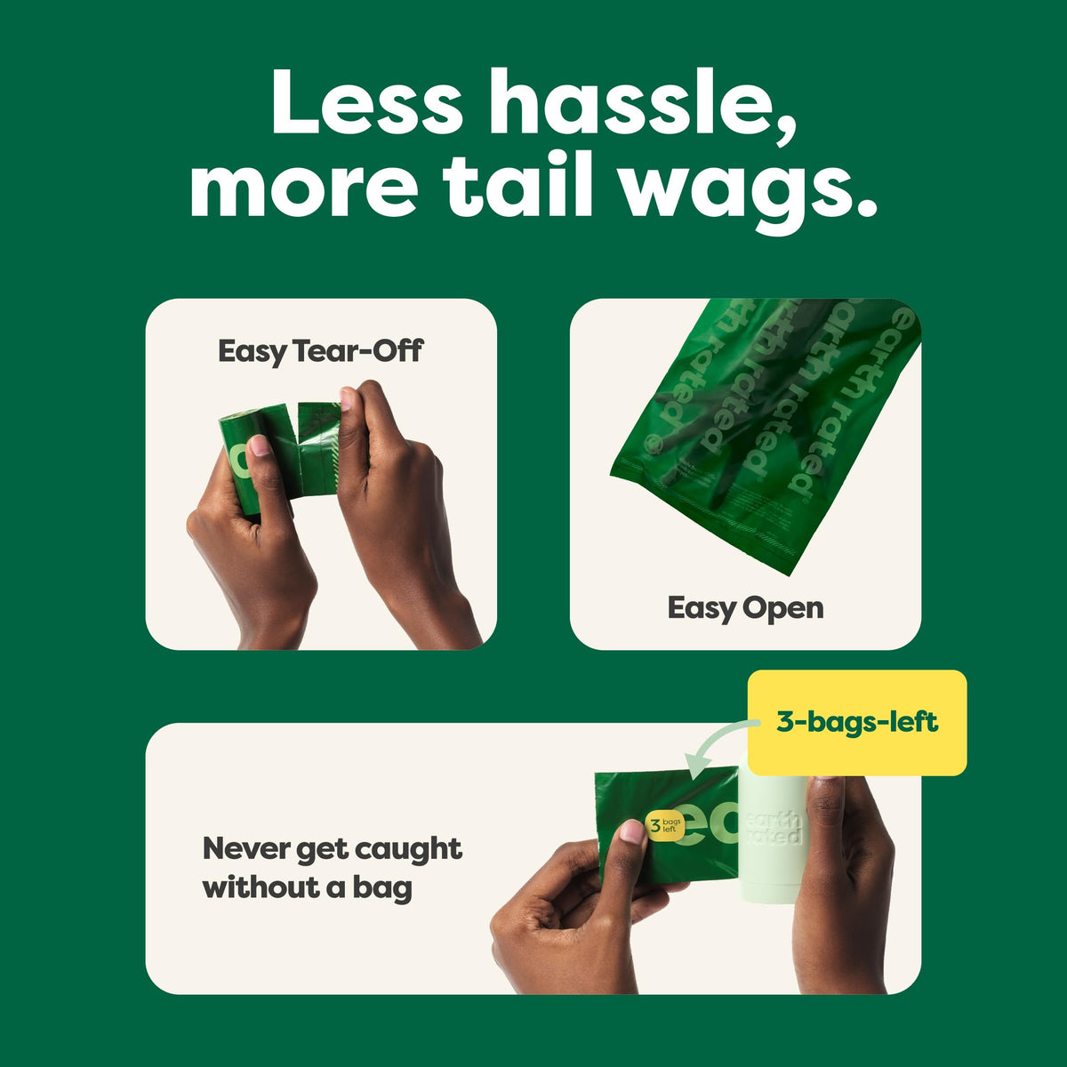 Earth Rated Dog Poop Bags showcase easy tear-off, easy open features, ensuring 100% authentic quality available in India at Curat Cart.