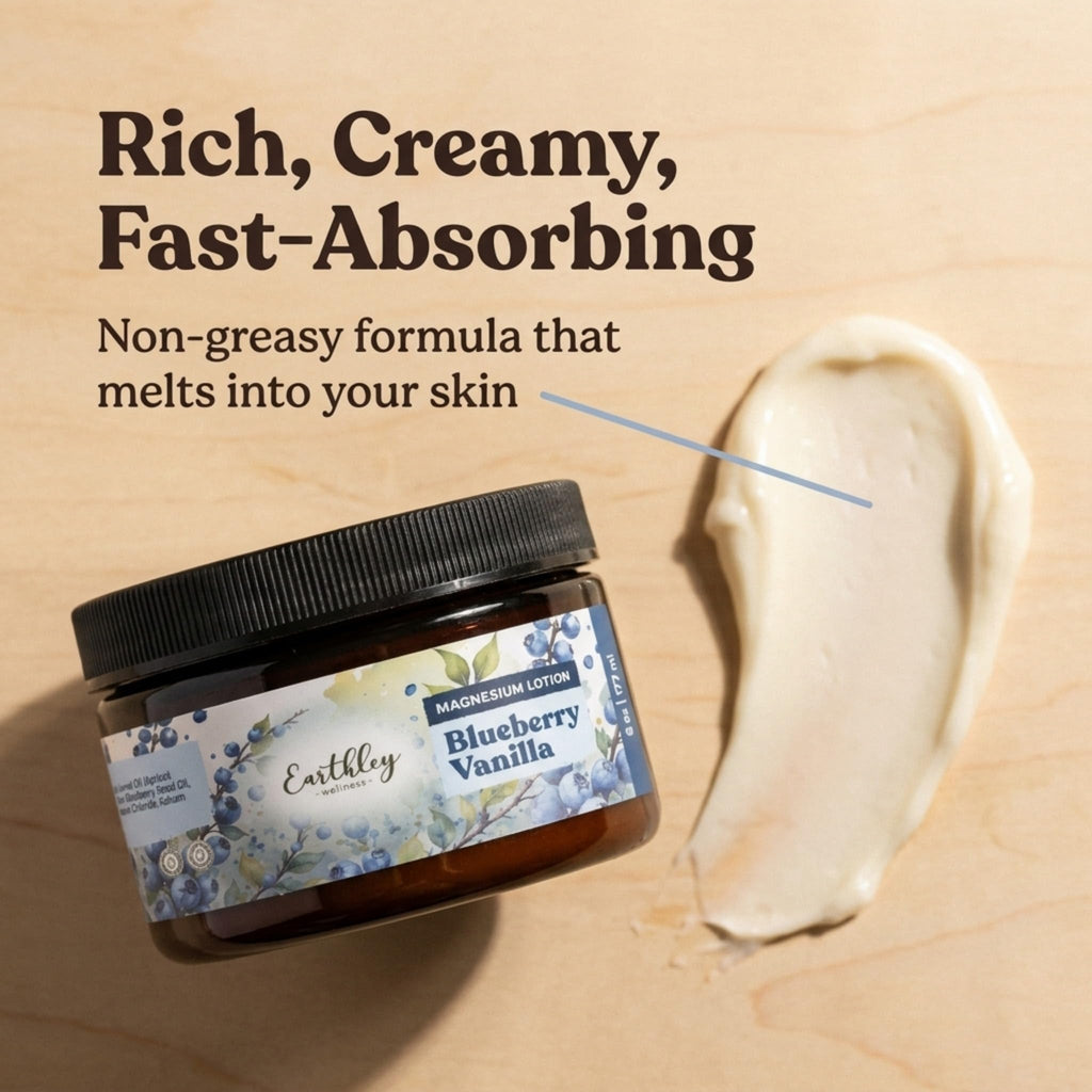 Earthley Wellness Magnesium Lotion in a jar, featuring a rich, fast-absorbing, non-greasy formula in Blueberry Vanilla scent. Verified by CuratCart.