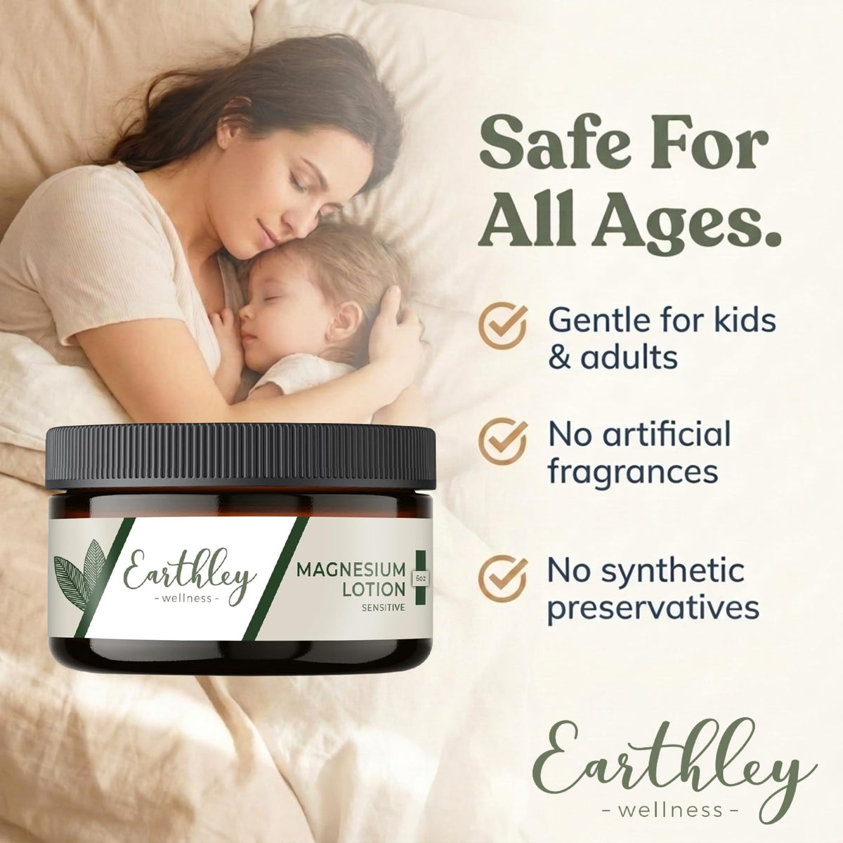 Earthley Wellness Magnesium Lotion, safe for all ages, gentle for kids & adults, no artificial fragrances, verified by CuratCart.