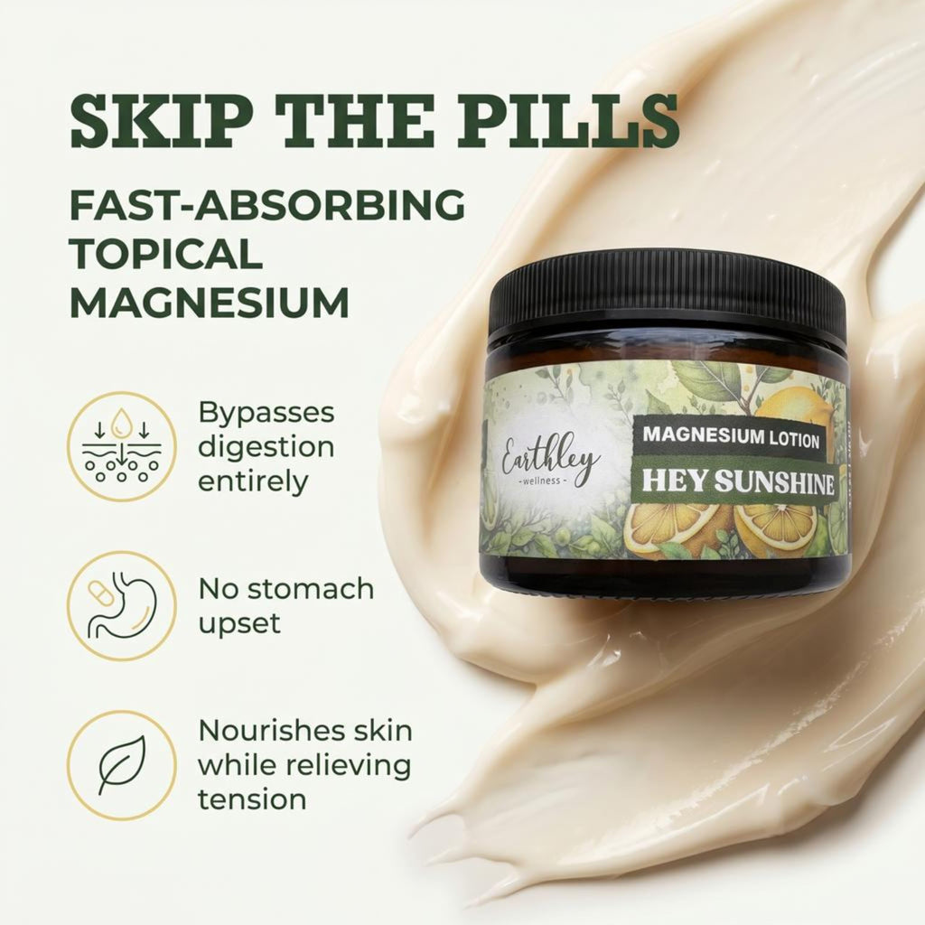 Earthley Wellness Magnesium Lotion in a sleek jar with a Hey Sunshine label, promoting natural relief and skin nourishment.